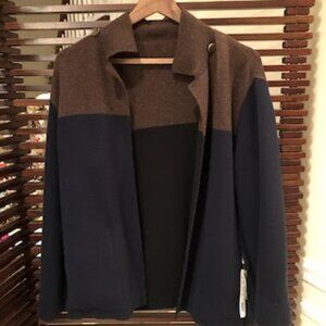 $2990 (NWT) Akris Navy & Chestnut Cashmere Reversible Sweater Cargingan Size 6